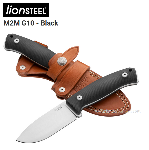 Lion Steel M2M GBK Fixed Blade Knife, M390 Satin, G10 Black, Leather Sheath
